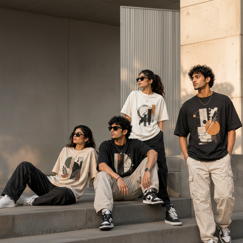 Four models wearing graphic t-shirts in a modern outdoor setting with concrete steps and corrugated metal walls. The shirts feature abstract geometric designs in black, white, beige, and brown.